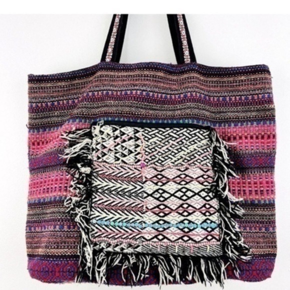 Vintage Handbags - Gorgeous Black & Pink Colorful Canvas Fringe Boho
Earthy Hippie Tote Bag